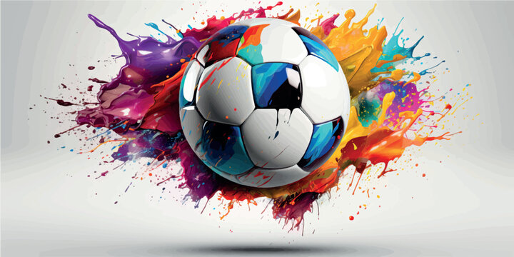 Soccer ball in splashes of color design. Football print. Football concept, goal art. Collection of bright prints of soccer balls for T-shirts, clothing, paper. Sports football logo vector.