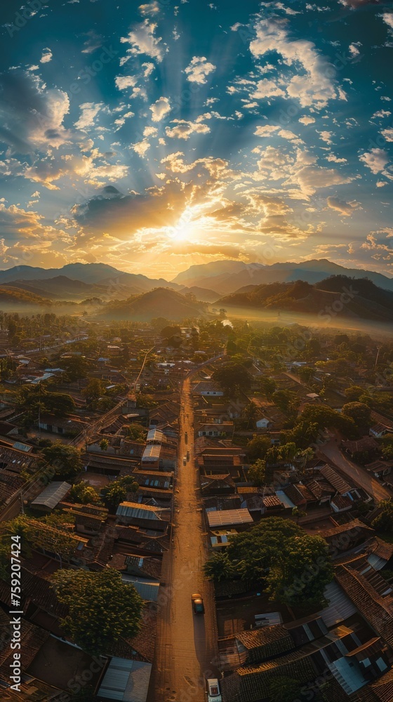 Poster a view of a small town with the sun setting in front. generative ai.