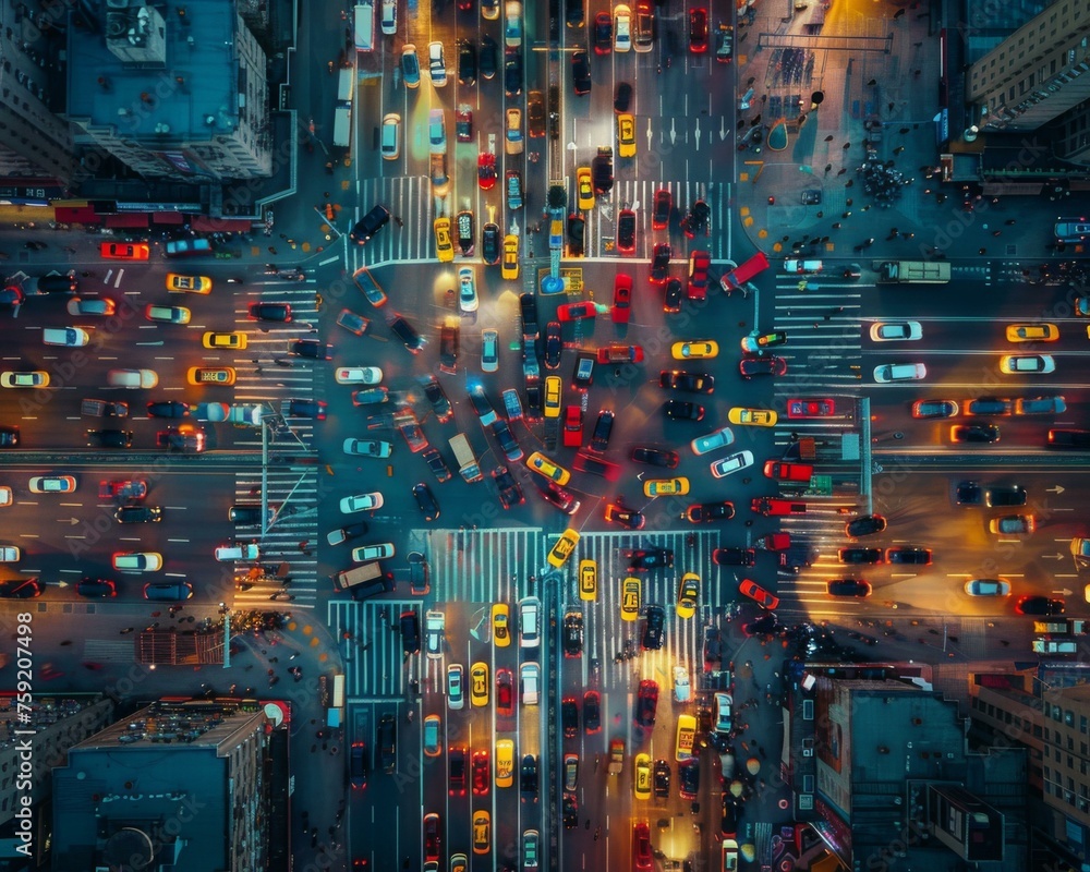 Poster an overhead view of a busy intersection with many cars. generative ai.