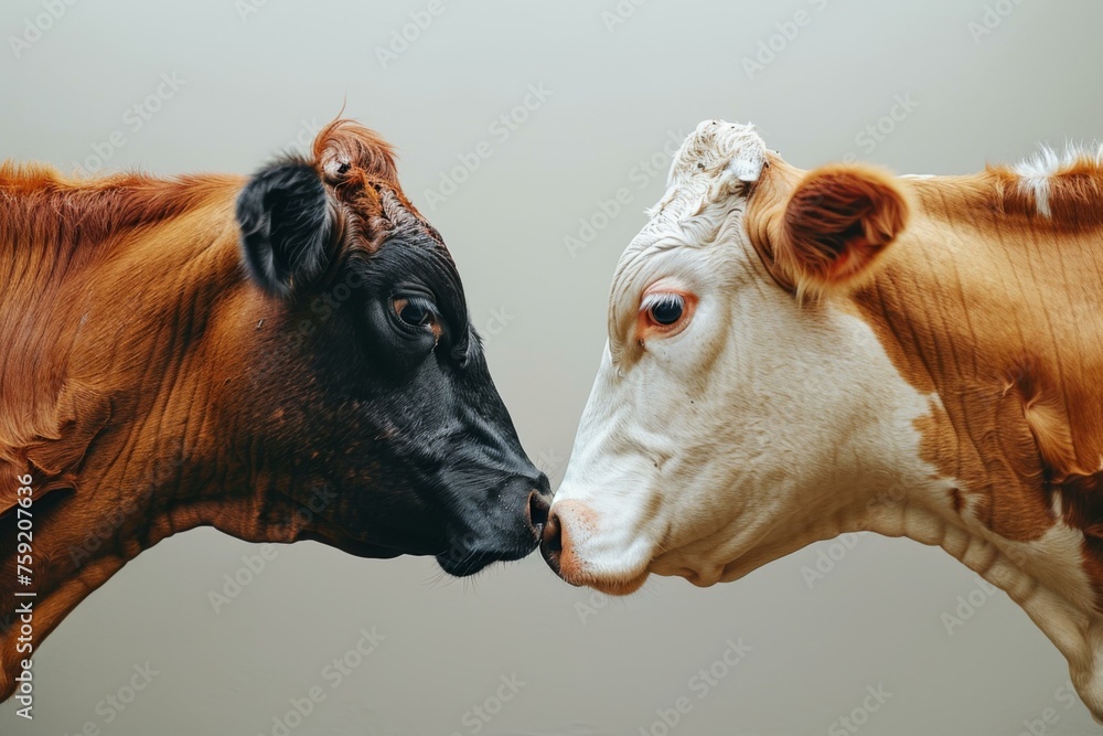 Poster two cows are facing each other with their noses touching. generative ai.