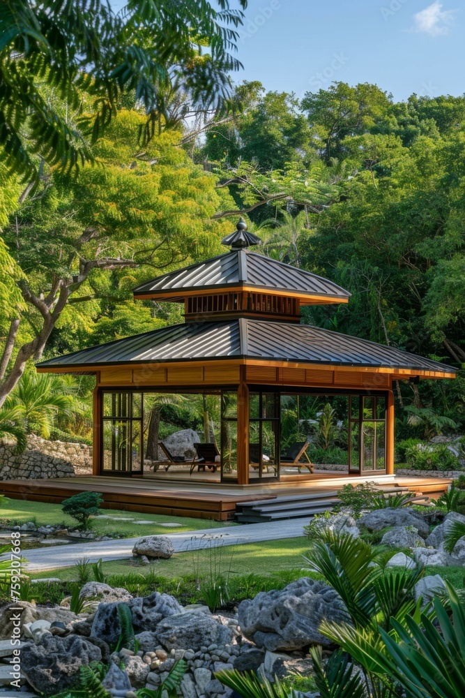 Poster a gazebo in a lush green forest with rocks and trees. generative ai.