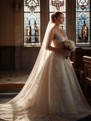 Beautiful bride in elegant wedding dress in the church with beautiful light coming through window