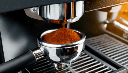 close up ,Ground coffee pouring into the professional coffee machine portafilter.
