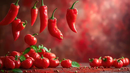 Fotobehang Ripe red peppers floating in mid-air against a vertical gradient backdrop © Pixel Town