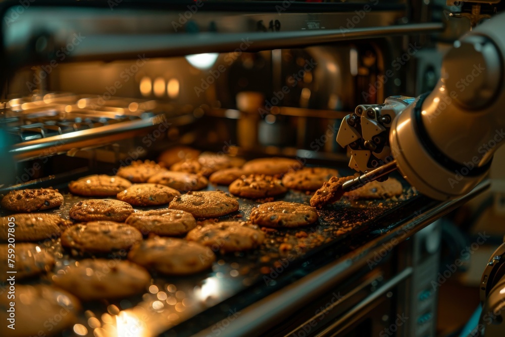 Poster a robot is baking cookies in an oven with a tray of them. generative ai.