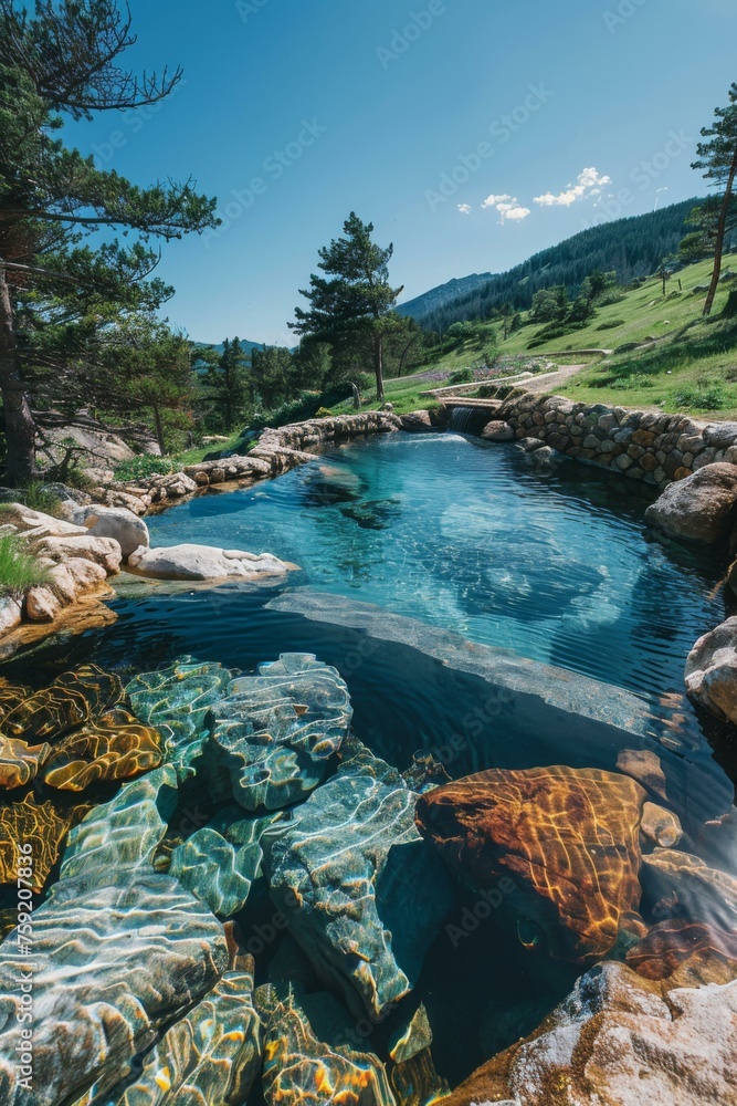 Poster a large natural pool of water with rocks and trees in the background. generative ai.