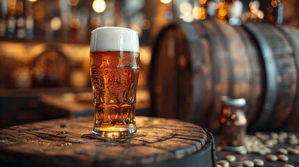 a glass of beer standing on a wooden barrel against the background of a basement
