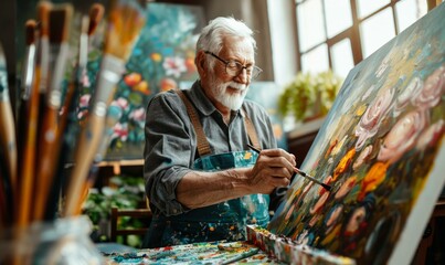 An older man painting a flower on canvas with brushes. Generative AI.