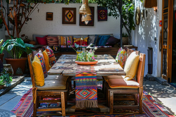 Fototapeta na wymiar Outdoor dining area with vibrant colorful cushions and chairs. Generative AI