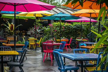 Outdoor patio with umbrellas shading colorful dining tables. Generative AI