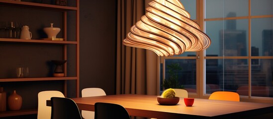 A dining room with a wooden table and chairs, hardwood flooring, and a lamp hanging from the ceiling. The interior design of the room is elegant, perfect for hosting events