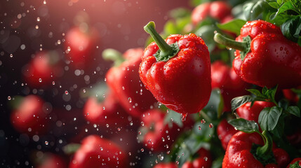 Ripe red peppers floating in mid-air against a vertical gradient backdrop