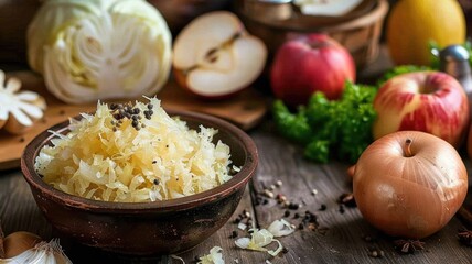 rustic kitchen scene where a bowl of tangy sauerkraut relish is being prepared, surrounded by ingredients like apples, onions, and caraway seeds - obrazy, fototapety, plakaty