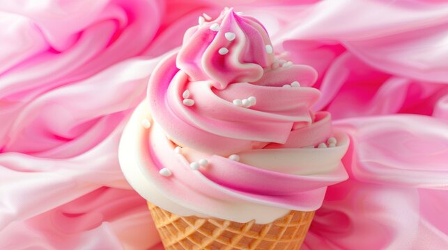an ice cream cone with pink frosting and sprinkles on top of a pink and white background.