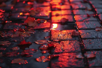 close up of an old roman brick road in sunset after rain - obrazy, fototapety, plakaty
