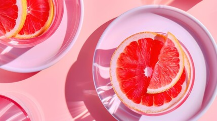 a grapefruit cut in half on a plate next to another grapefruit cut in half on a plate.