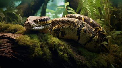 Serene and poised, a boa constrictor reclines on a lush, moss-covered branch in the heart of the rainforest. - obrazy, fototapety, plakaty