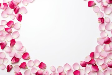 Round frame made of rose petals and flowers on white. Circular Frame with Rose Petals and Flowers