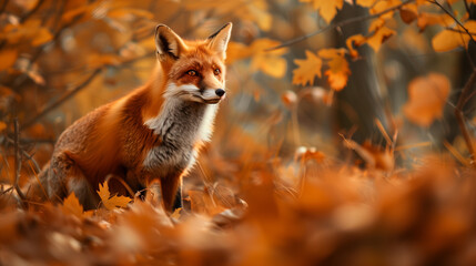 ute Red Fox, Vulpes vulpes, fall forest. Beautiful animal in the nature habitat