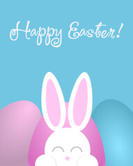 Sweet easter sale illustration with color Painted Eggs and white rabbit on a blue background. Vector Easter Holiday Design Template for Coupon, Banner, Voucher or Promotional Poster. Bunny.