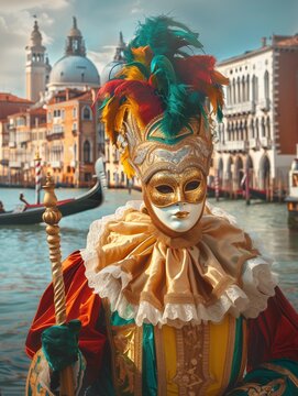 Ein bunt kost&uuml;mierter und maskierter Mann - Karneval in Venedig