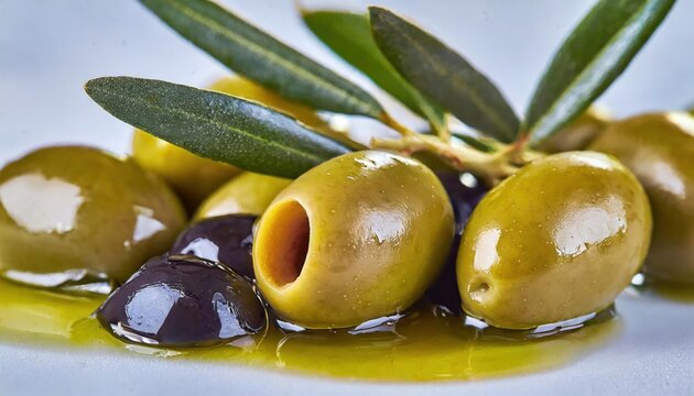 Close-up of olives with olive leaves, isolated on white. high quality photo