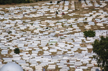 Sidi el Mezeri Muslim cemetery next to Mausoleum of Habib Bourguiba in Monastir coastal city, Tunisia, view from Ribat