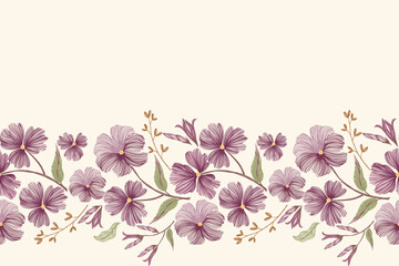Vintage Floral pattern seamless pink flower motifs border background frame embroidery. Ethnic Ikat pattern paisley design. Ditsy vector illustration hand drawn.