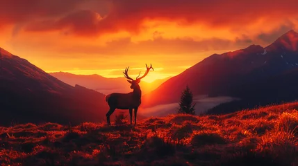 Rideaux tamisants Orange Dramatic sunset with beautiful sky over mountain range giving a strong moody landscape and red deer stag looking strong and proud 