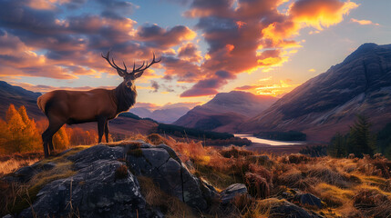 Dramatic sunset with beautiful sky over mountain range giving a strong moody landscape and red deer stag looking strong and proud  - obrazy, fototapety, plakaty