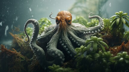 the mesmerizing textures of an octopus gracefully gliding through marine foliage. - obrazy, fototapety, plakaty
