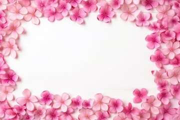 Fototapeta na wymiar A delicate border of pink hydrangea petals arranged around a blank white space for text or images.