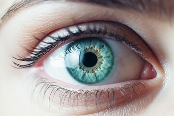 Close up macro beautiful blue female woman girl human eye pupil mascara eyelashes looking at camera. Cosmetics makeup natural beauty patient contact lens ophthalmology clear healthy vision treatment