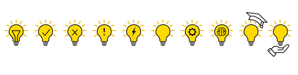 Collection of light bulb icons. Lamp, ideas icons collection. Collection of icons of yellow glowing linear light bulbs on a white background vector eps10