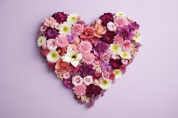 A heart-shaped arrangement of mixed flowers against a purple backdrop.