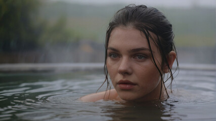 Fototapeta premium Beautiful young woman relaxing in the outdoor thermal bath