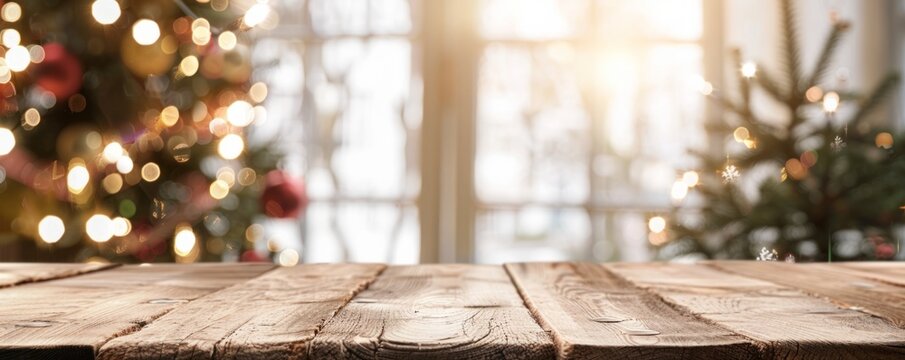 Blurred light white background with empty table top for product display, Christmas tree and decorations in the corner Banner with available copy space Generative AI