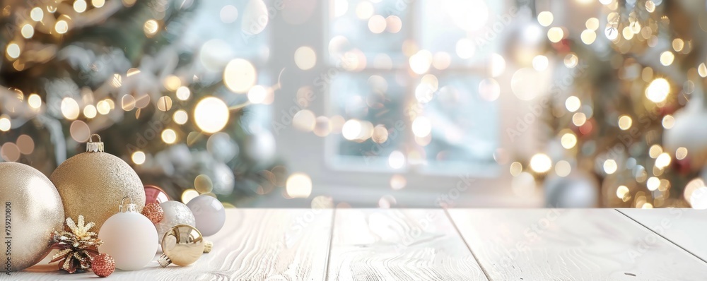 Poster wide format banner mock up template blurred empty white table top with christmas decorations in the 
