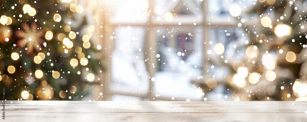 Poster Blurred empty white table top with Christmas decorations in the background Abstract bokeh of snow falling on a window at home for product display Generative AI