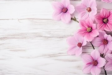 Delicate pink cosmos flowers arranged on rustic white wooden surface.