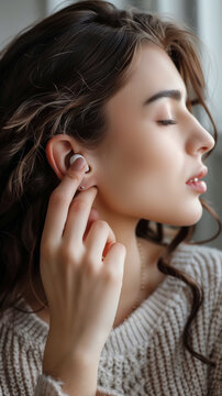 A woman is putting in her ear buds to listen to music or a podcast