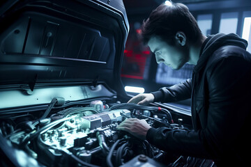 man is working on a car engine. The image has a futuristic feel to it, with the man wearing a black jacket and the car having a sleek design. Scene is focused and determined - Powered by Adobe