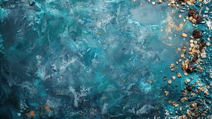 a picture of a blue and green painting with nuts and other things on the bottom of the painting and on the bottom of the picture.