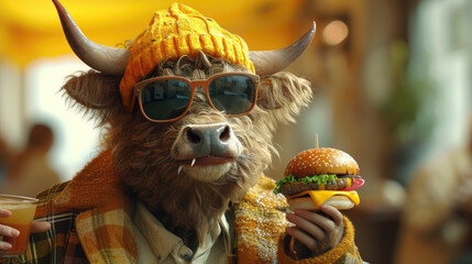 Ultra cartoon animated Horned Ox, in casual clothes, sunglasses and eating a burger, yellow...