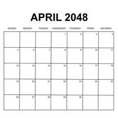 april 2048. monthly calendar design. week starts on sunday. printable, simple, and clean vector design isolated on white background.