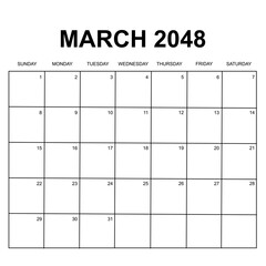 march 2048. monthly calendar design. week starts on sunday. printable, simple, and clean vector design isolated on white background.
