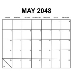 may 2048. monthly calendar design. week starts on sunday. printable, simple, and clean vector design isolated on white background.