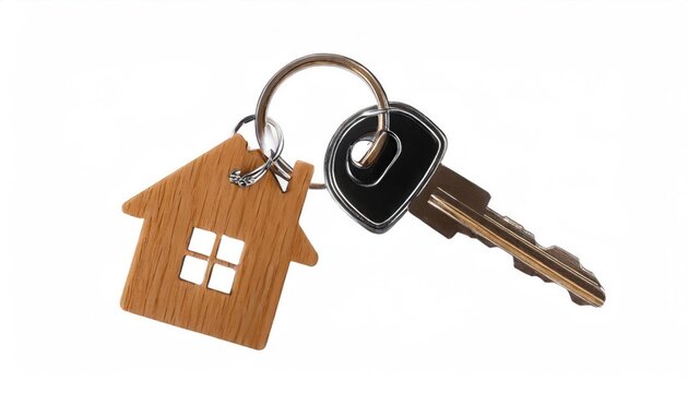 House keys with house shaped keychain, isolated on white background. high quality photo