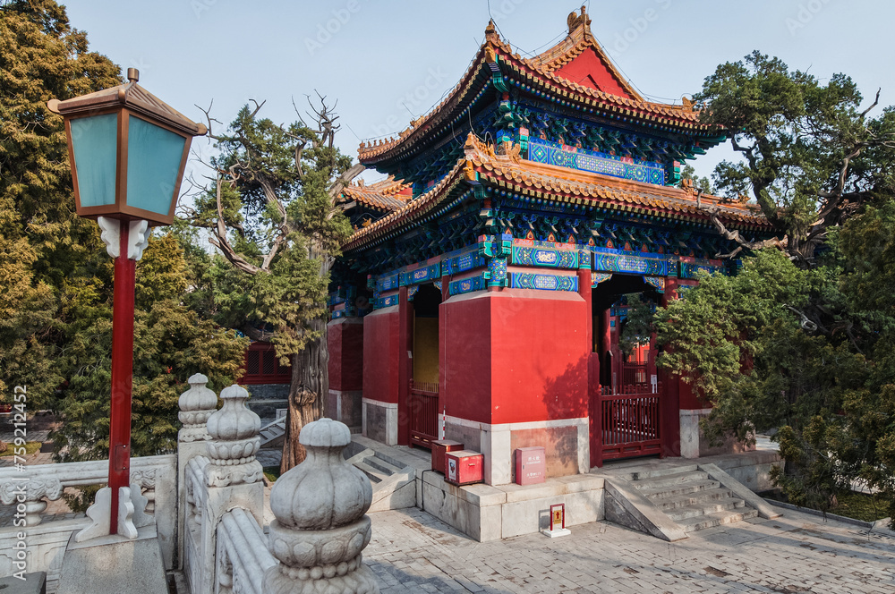 Poster Beijing, China - April 3, 2013: Stone tablets pavilions in Temple of Confucius in Beijing