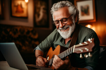 Elderly man in his 60s learning to play guitar from home with online course. Generative AI